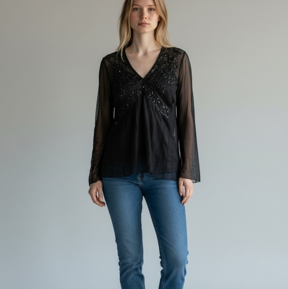 NWT IXE long-sleeved Black Dark Victorian WhimsiGoth beaded top Blouse L